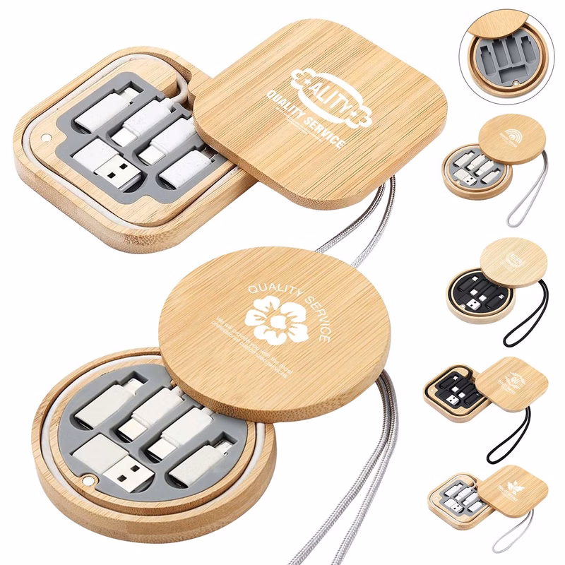 3 1/5" Screen-Printed Pure Copper Data Cable Bamboo Storage Box