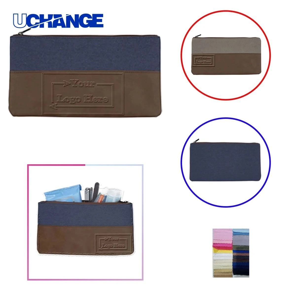 Travel Debossed PU Leather Canvas Zipper Pouch Organizer 1