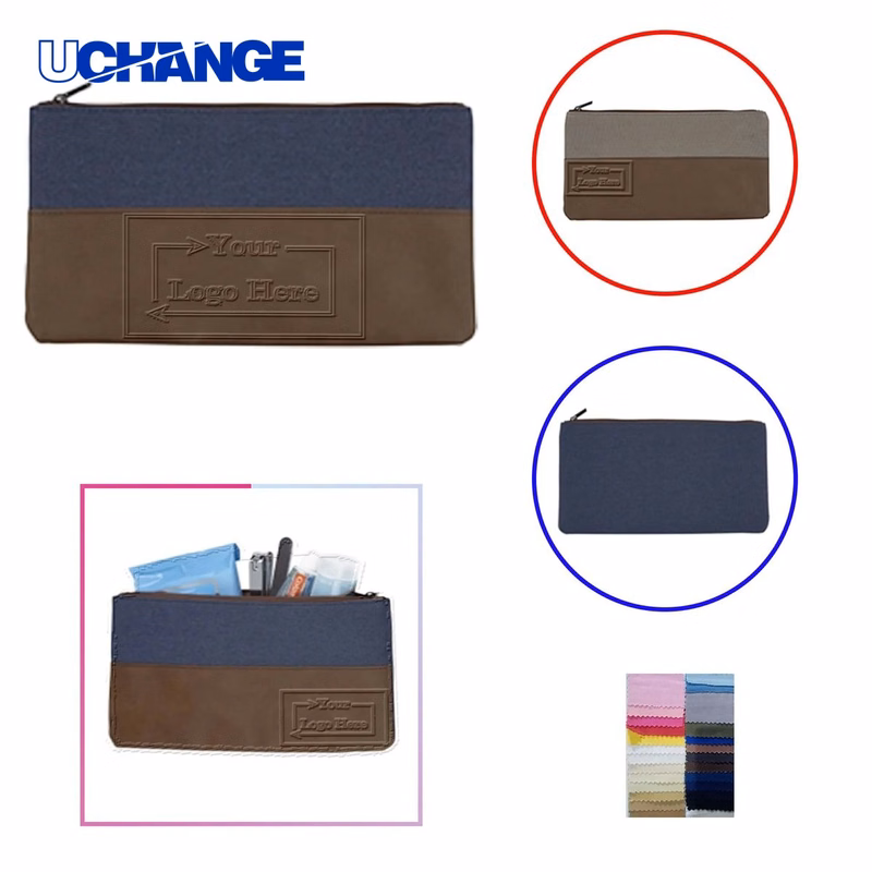 Travel Debossed PU Leather Canvas Zipper Pouch Organizer