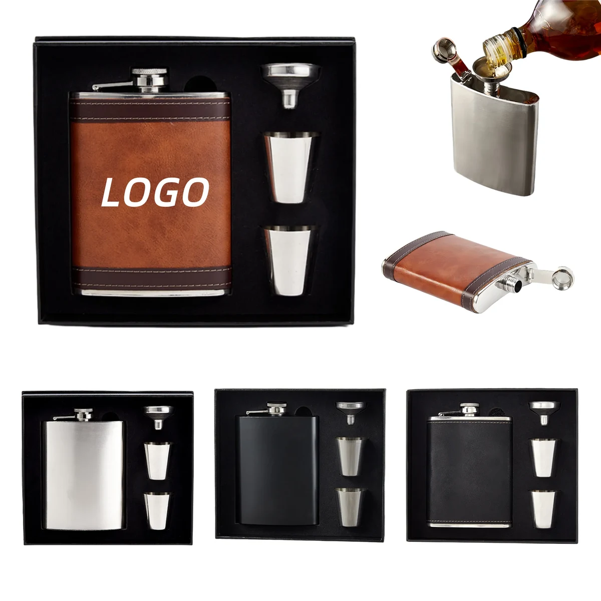8oz Portable Stainless Steel Hip Flask Set Gift, custom water bottle with logo imprint 1