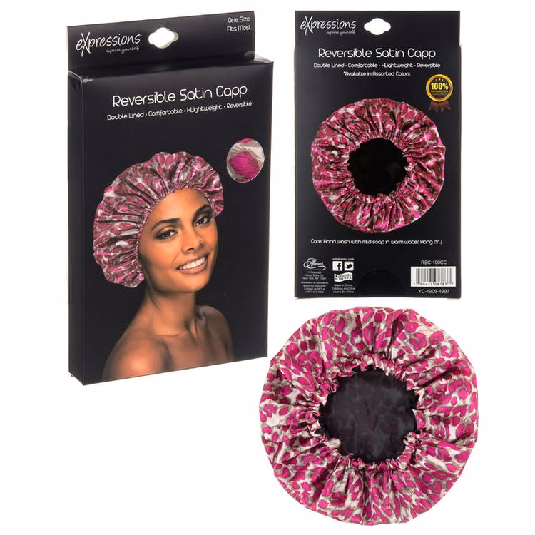 Reversible Satin Hair Cap - Pink Cheetah 48 Count