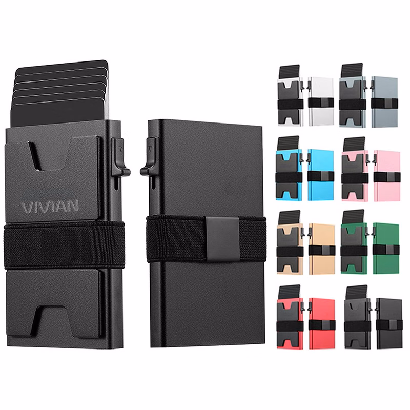 RFID Blocking Pop Up Aluminum Card Holder w/ Elastic Strap