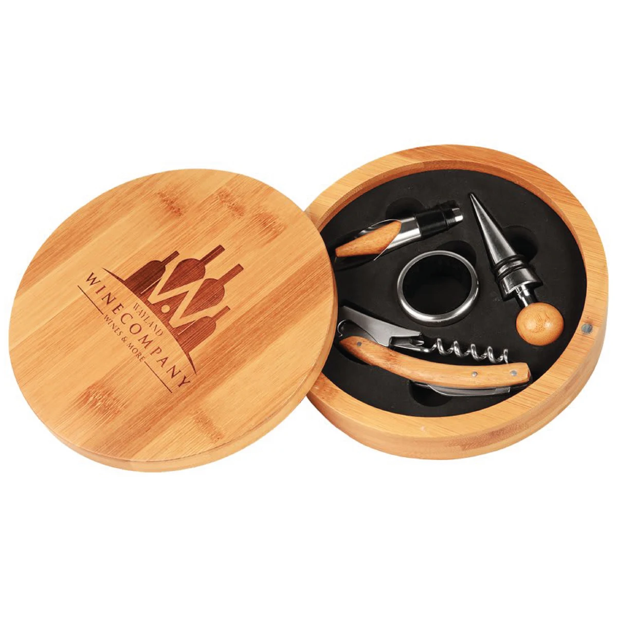 6" Round Bamboo 4-Piece Wine Tool Set 1