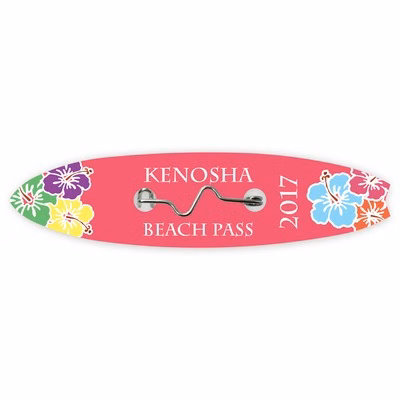 Laminated Beach/Resort Badge/Permit/Admission w/ Crimp Pin (Surfboard Shape)
