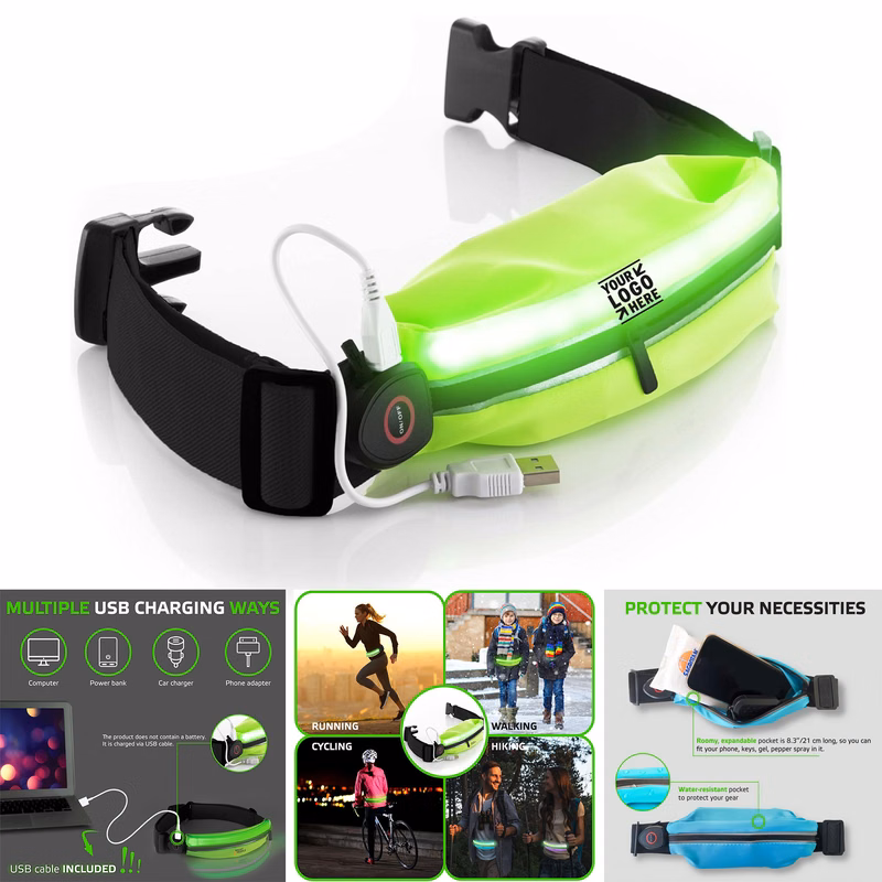 LED Reflective Visibility Running Safety Light Belt Pouch With USB Rechargeable Light