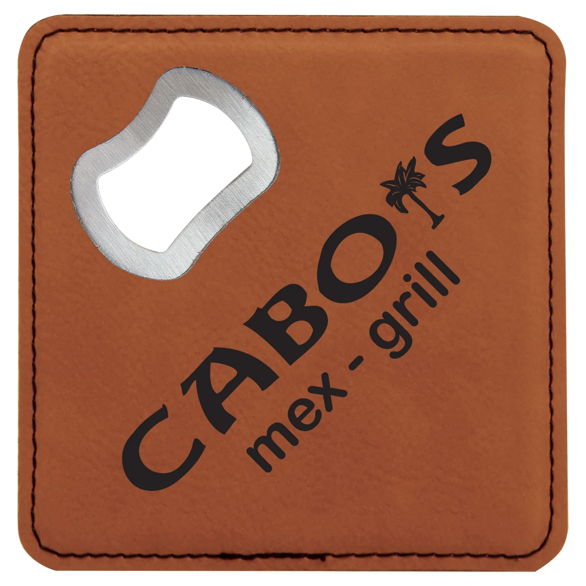 Laser Engraved Leatherette Square Coasters w/Bottle Opener (4") 1