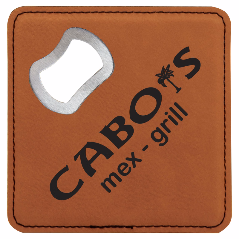Laser Engraved Leatherette Square Coasters w/Bottle Opener (4")
