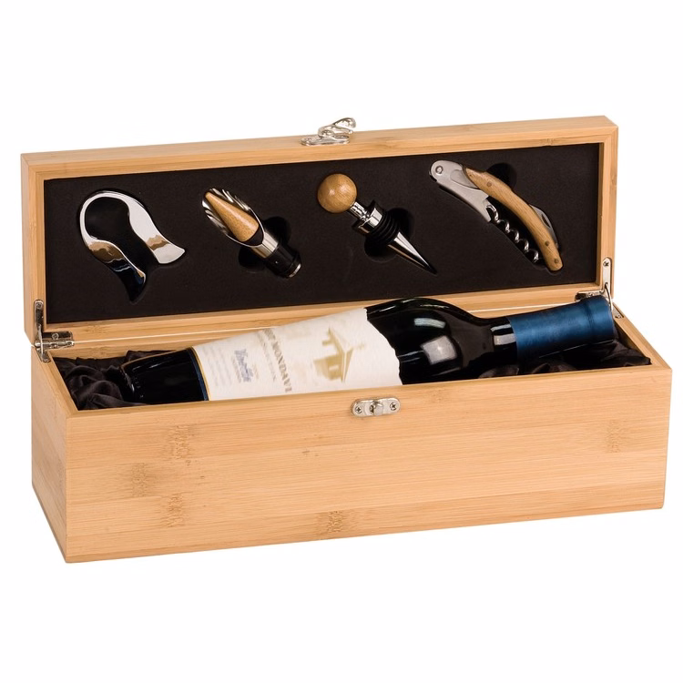 Bamboo Single Wine Box with Tools (engraved plate)