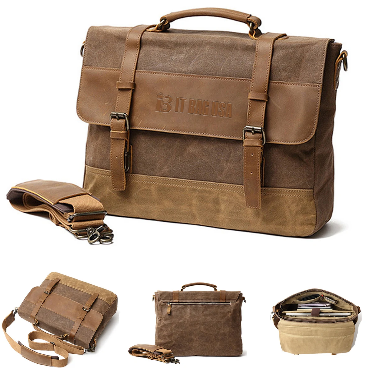 Leather Canvas Briefcase Laptop Bag 1