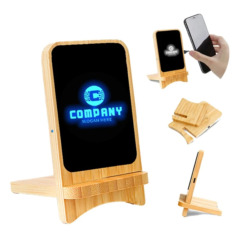 Bamboo Wireless Charger with Custom LED Logo Stand 1