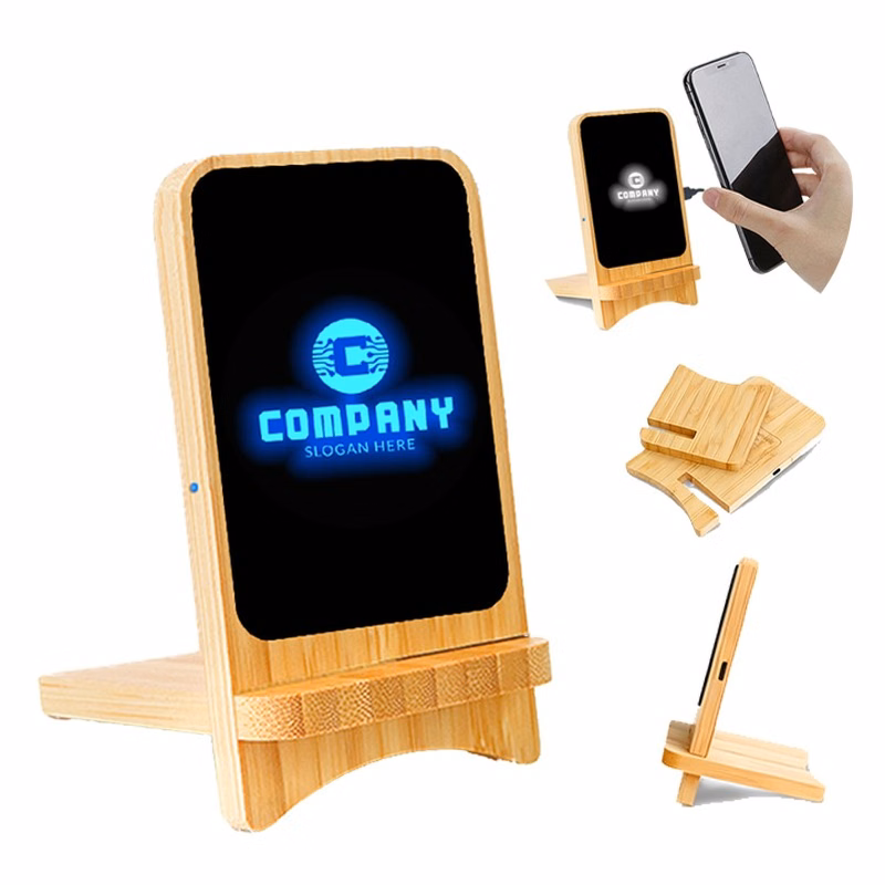 Bamboo Wireless Charger with Custom LED Logo Stand