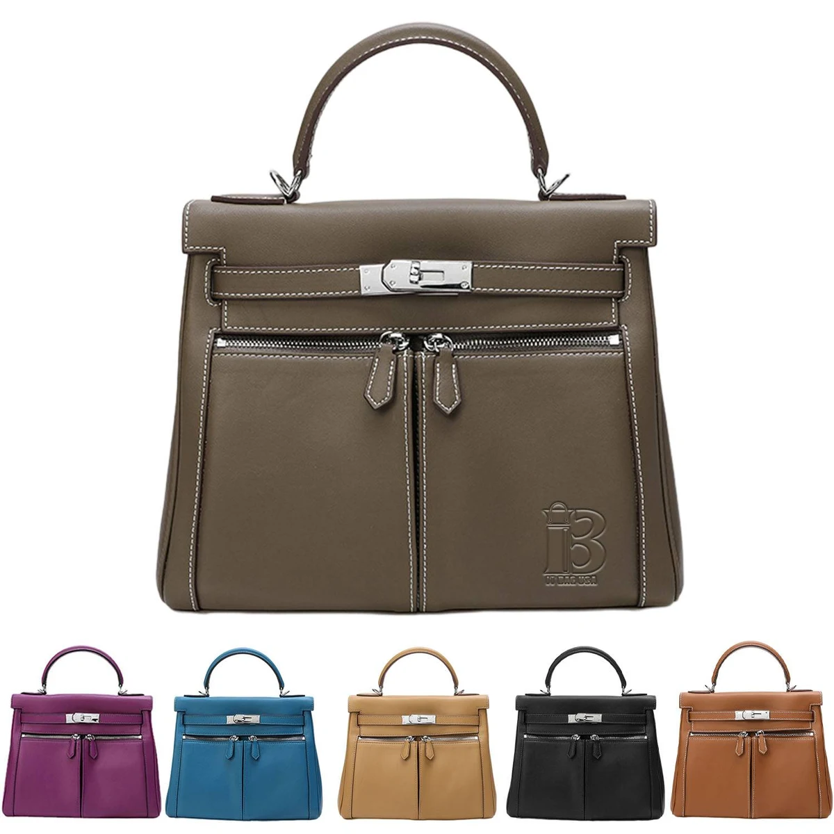 Retro double pocket zipper tote bag handbag, custom tote bag with logo imprint 1