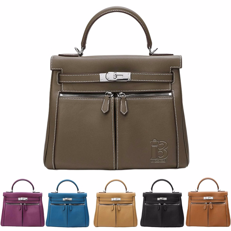 Retro double pocket zipper tote bag handbag