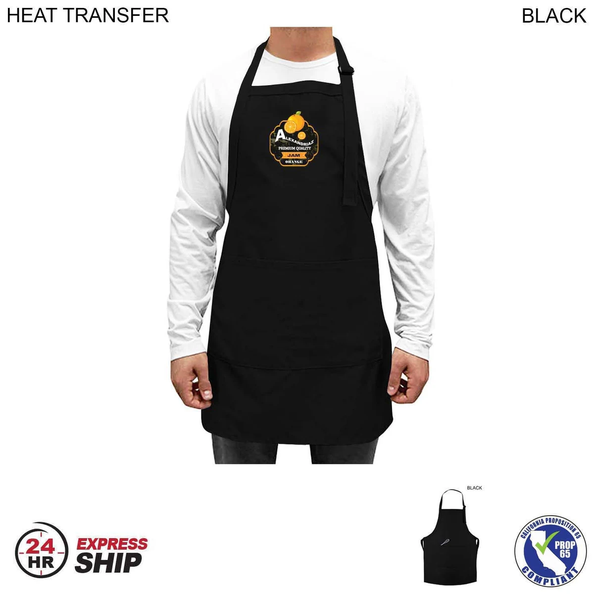 24 Hr Express Ship - Twill Bib Apron, 25x28, 2 Pockets, Adjustable Neck, Heat Transfer Logo 1