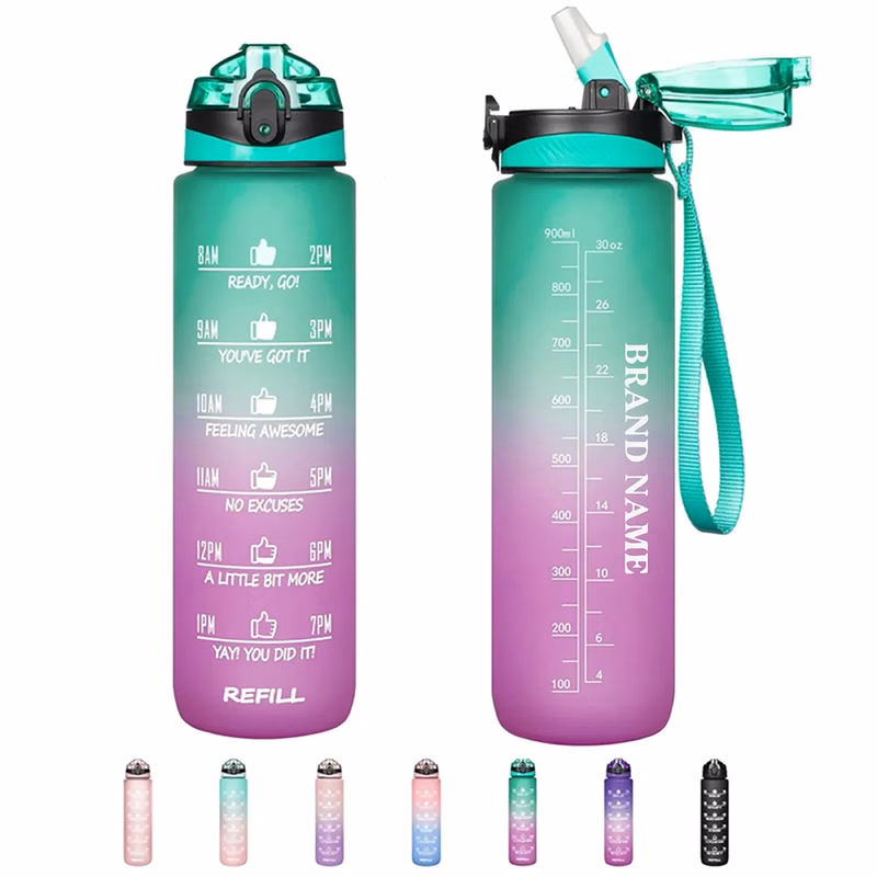 32oz Sport Motivational Time Marker Water Bottle With Straw