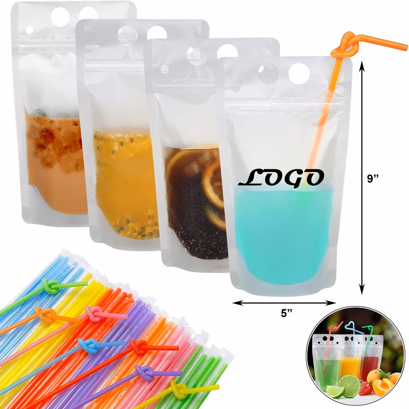 MOQ 100 Pcs 16 Oz Stand-Up Drink Pouches W/ Straws