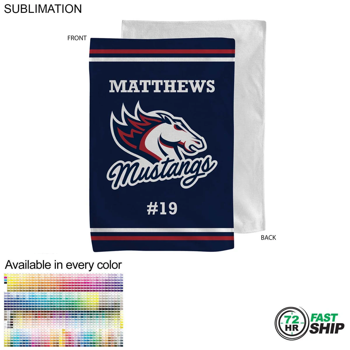 72 Hr Fast Ship - Team Towel in Microfiber Dri-Lite Terry, 12x18, Sublimated sports towel 1