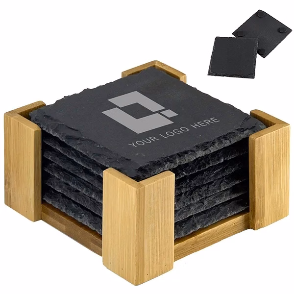 Slate Coaster Set with Wood Stand (6 pces pack)