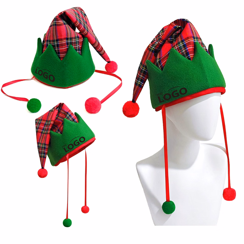 A Striped Pattern Christmas Hat With Pom-poms