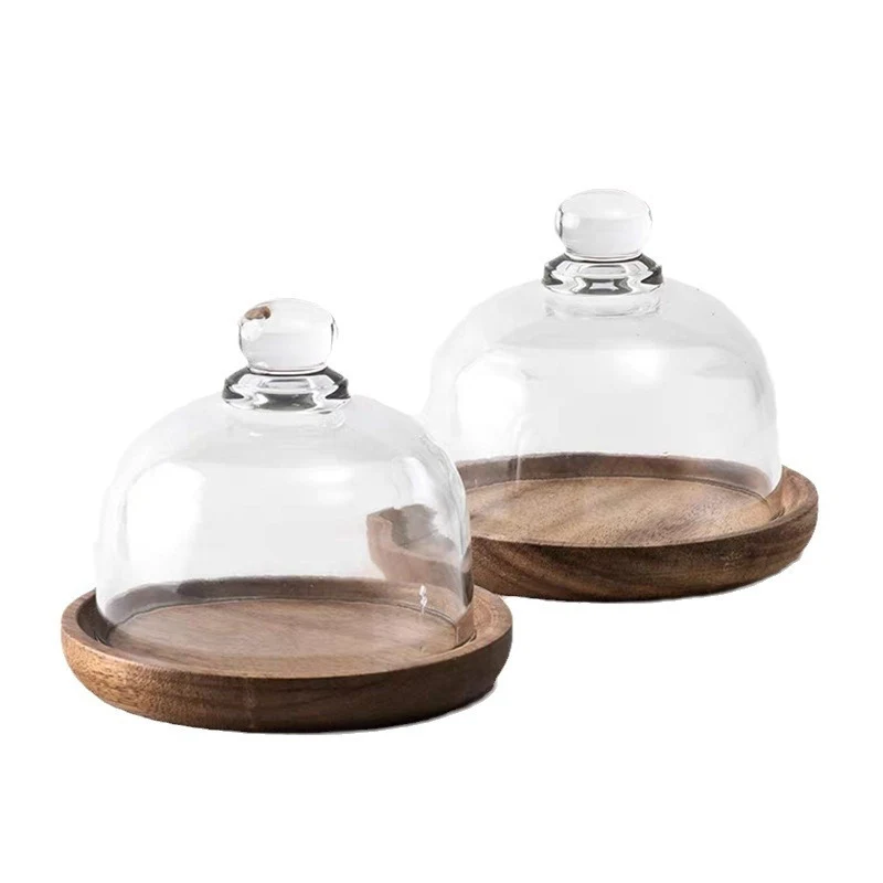 4" Glass Dome Cheese Cake Cover Display w/ Wooden Base Tray 1