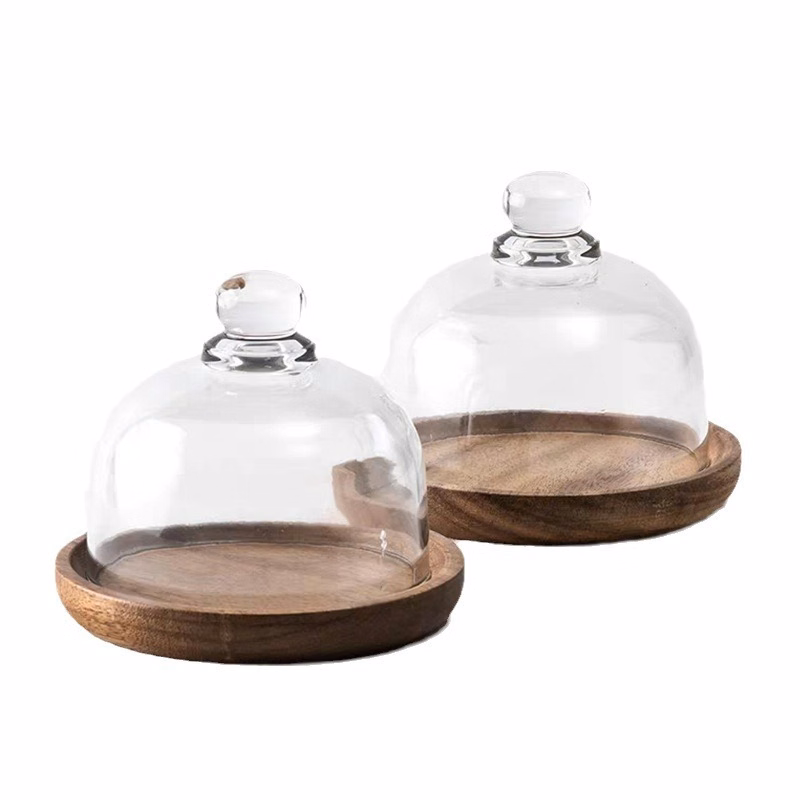 4" Glass Dome Cheese Cake Cover Display w/ Wooden Base Tray