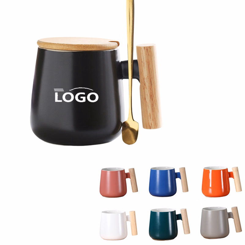 Simple Ceramic Mug With Wooden Handle And Spoon