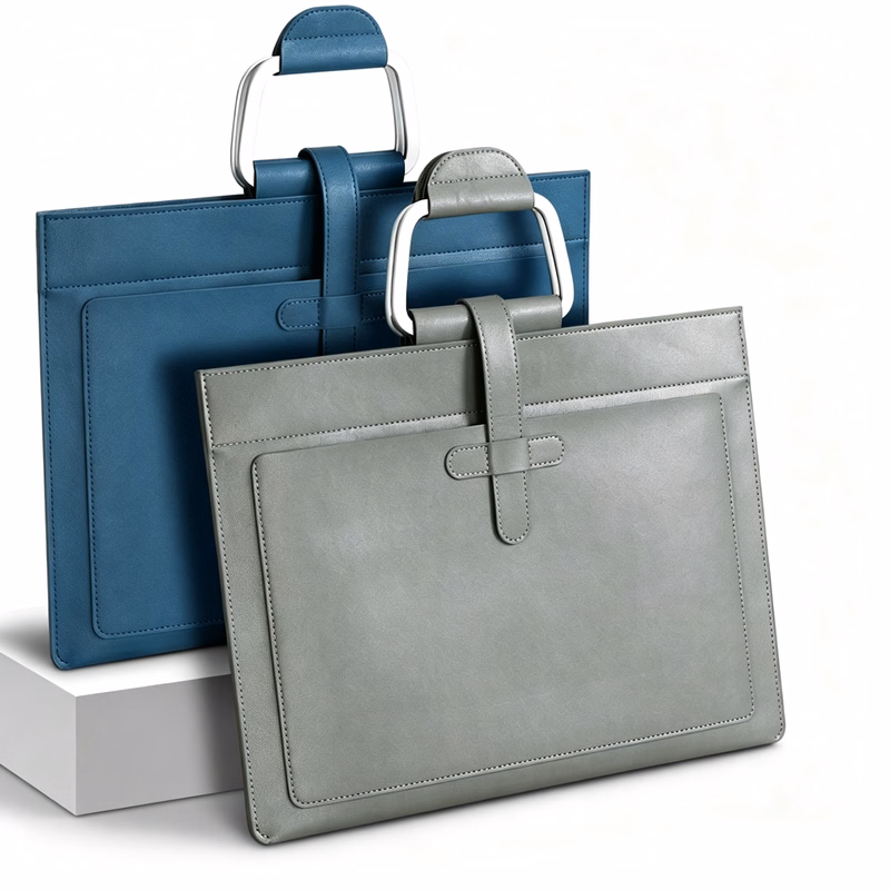 PU Leather Document Handbag with Built-in Metal Handle