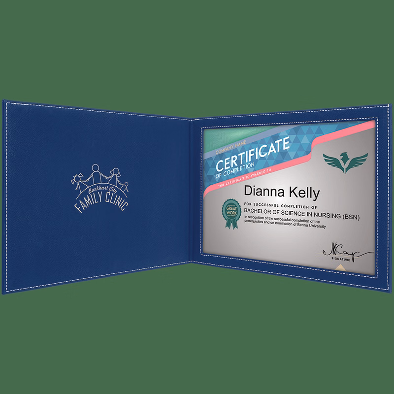 9" x 12" Blue/Silver Leatherette Certificate Holder for 8 1/2" x 11"