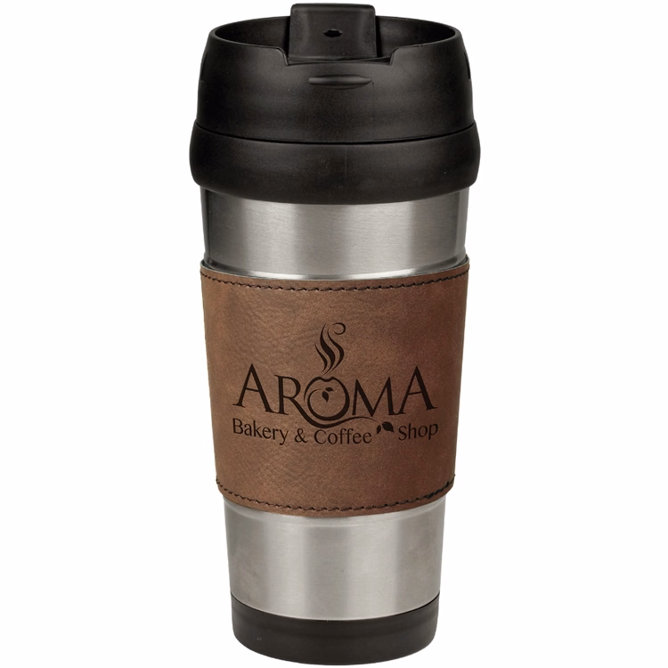 16 oz. Laser Engraved Stainless Steel Travel Mug With Dark Brown Leatherette Grip