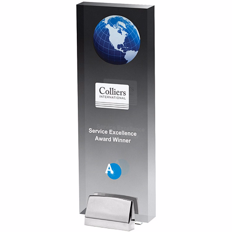 Tall Clear Acrylic Humanity Award with Chrome Base (3 1/2"x 9 1/4"x 3/4") Screen-Printed Spot Colour