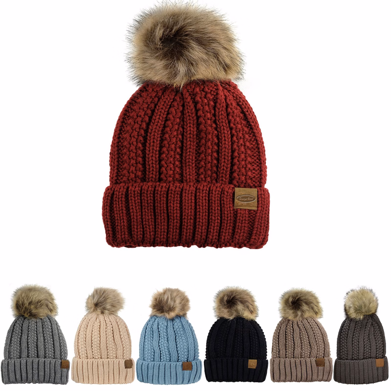 Thick Cable Knit Faux Fuzzy Fur Pom Fleece Lined Cap Cuff Beanie