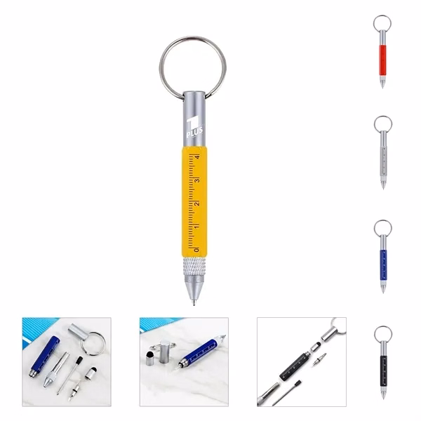 Custom 6 in 1 Metal Tool Pen with Key Ring & Stylus — Multi Tool Promo