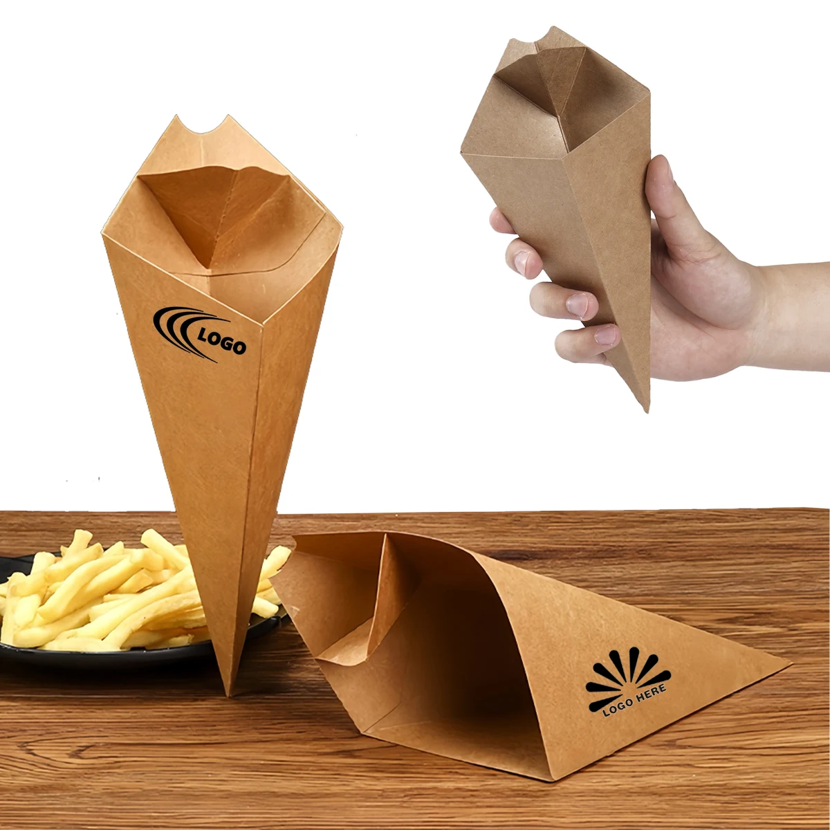 Disposable Kraft Paper Fries Cone with Sauce Holder 1