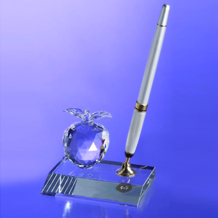 Desktop, Award-Crystal Apple Pen Set w/ Silver Ballpoint Pen_D442CA