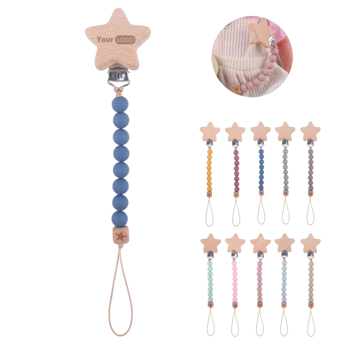 Star-Shaped Beech Wood Pacifier Clip with Silicone Beads 1
