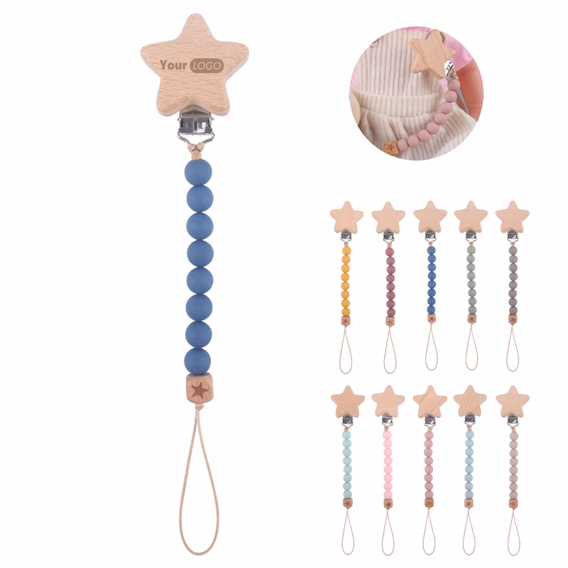 Star-Shaped Beech Wood Pacifier Clip with Silicone Beads