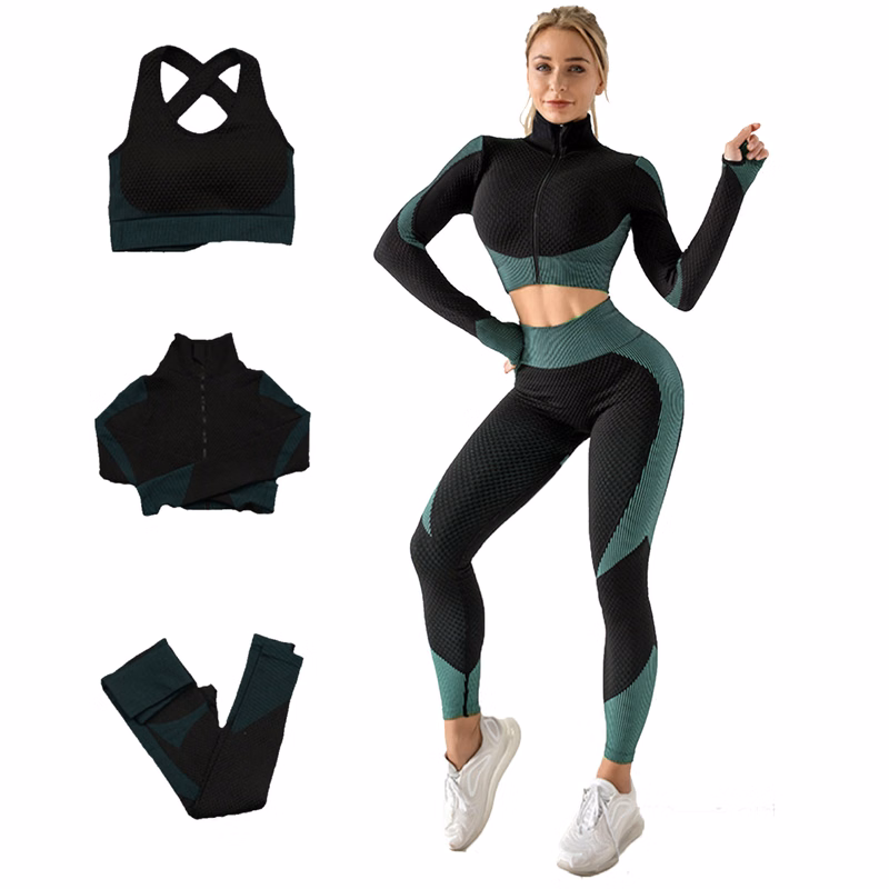 Womens 3Pcs Seamless Yoga Suit Long Sleeve Coat Vest Leggings