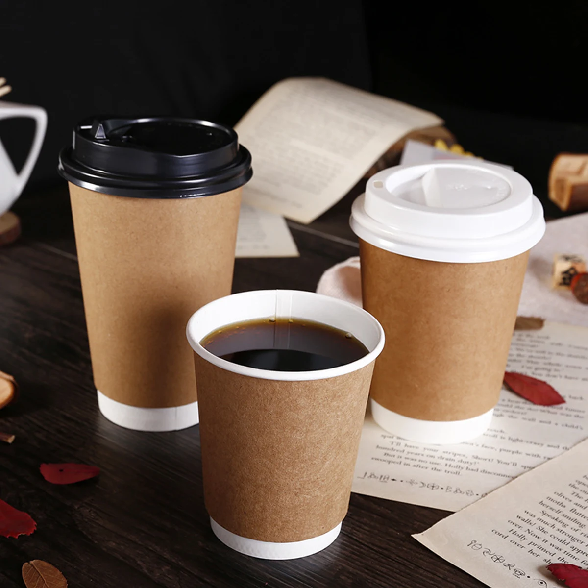 Kraft Paper Insulated Coffee Cups 8/12/12/16OZ with Lid 1