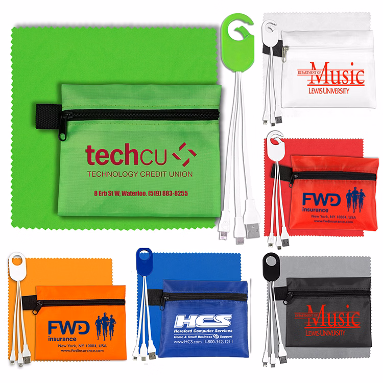 Mobile Tech Charging Cables In Zipper Pouch Components inserted into Polyester Zipper Pouch