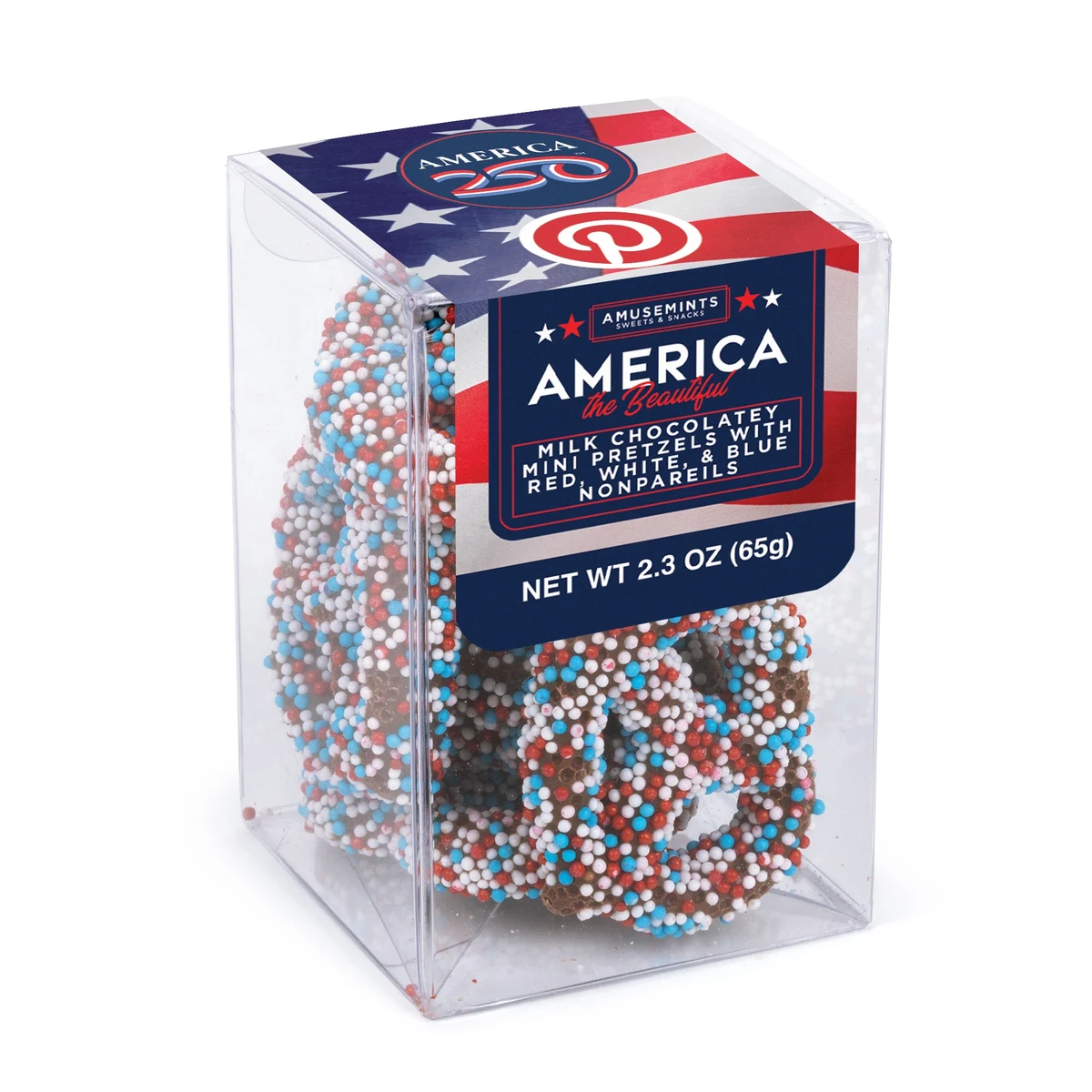 America 250- Short Acetate-Patriotic Milk Chocolate Nonpareil Mini Pretzels 1