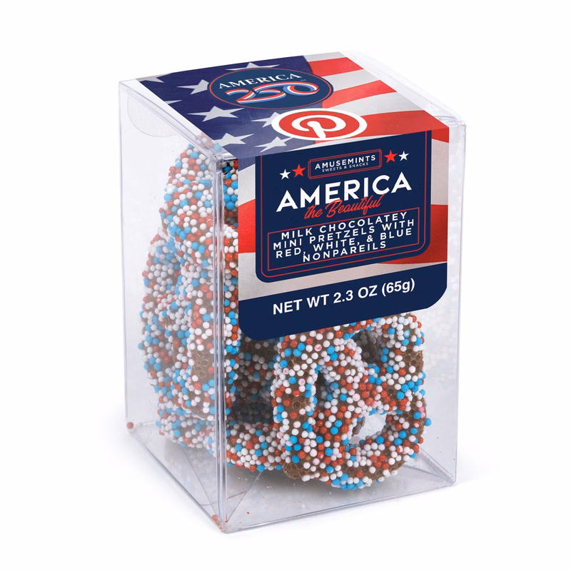 America 250- Short Acetate-Patriotic Milk Chocolate Nonpareil Mini Pretzels