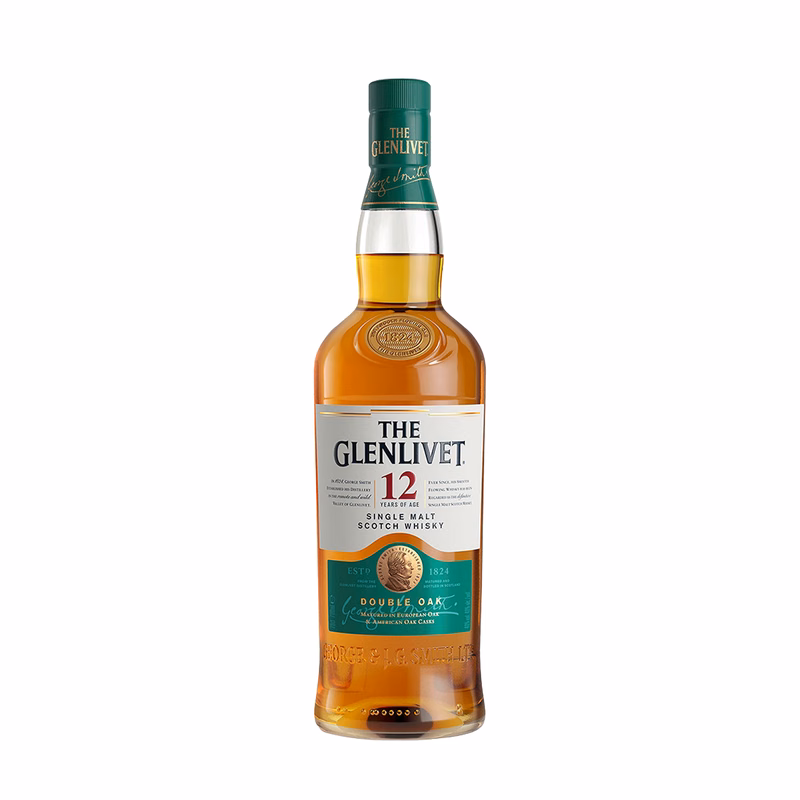 Etched Glenlivet 12 year Double Oak Scotch Whiskey Liquor Bottle