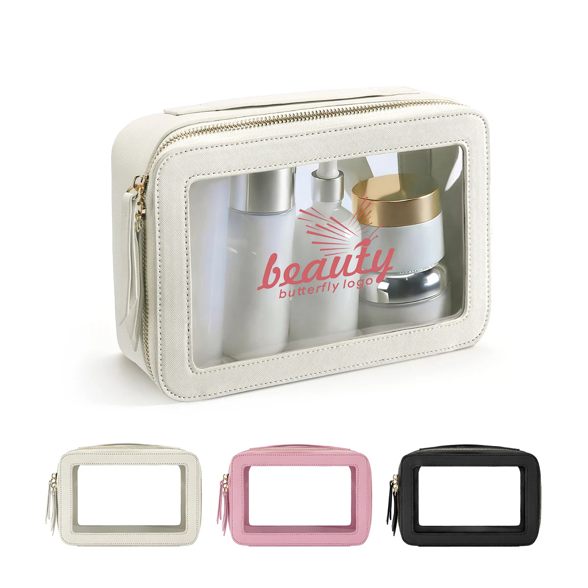 Clear PVC Makeup and Toiletry Bag with PU Leather Sides and Handle 1
