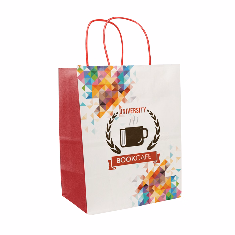 Multi-Sided Full Color White Shopper Paper Bag - Red Handle (8.25 x 10.25 x 5)
