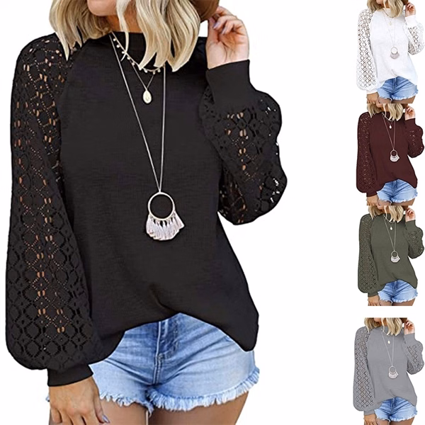Women's Long Sleeve Tops Lace Casual Loose Blouses T Shirts
