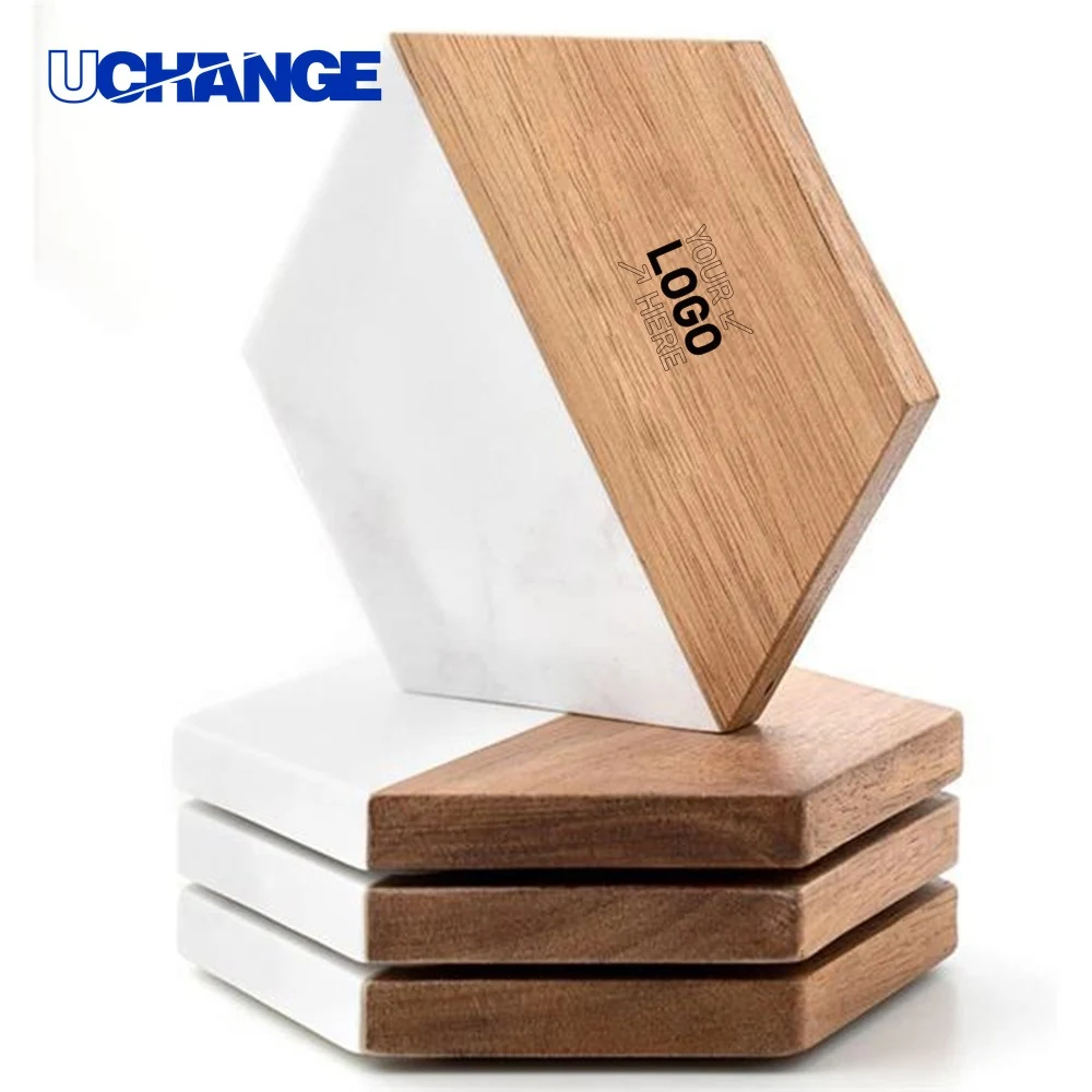 Acacia Wood and Marble Hexagon Coasters Set 1