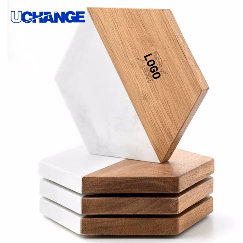 Acacia Wood and Marble Hexagon Coasters Set