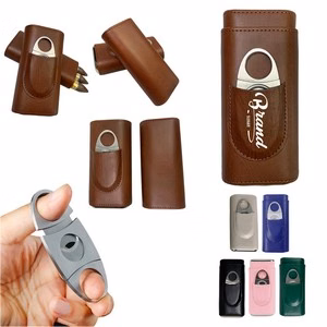 3 Finger Leather Cedar Wood Lined Cigar Case with Cutter