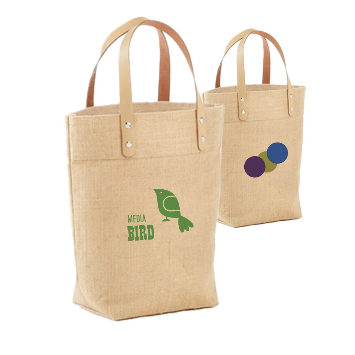 Eco-Friendly Mini Jute Tote with Leather Handles, custom tote bag with logo imprint 1