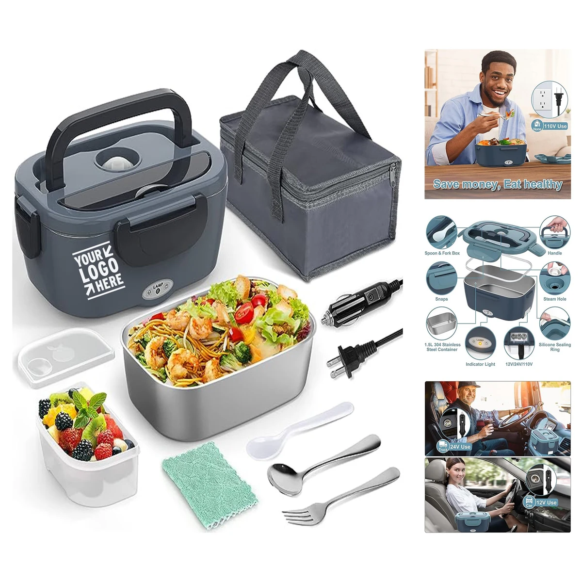 304 Stainless Steel 12V 24V 110V 60W Portable Adults Work Electric Lunch Box Food Warmer Heater 1
